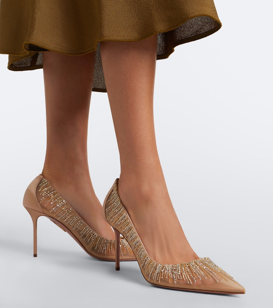 Aquazzura Soft Sky embellished tulle and satin pumps - Beige Mid Heel Pumps