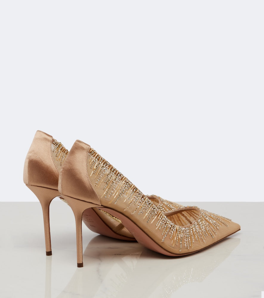 Aquazzura Soft Sky embellished tulle and satin pumps - Beige Mid Heel Pumps