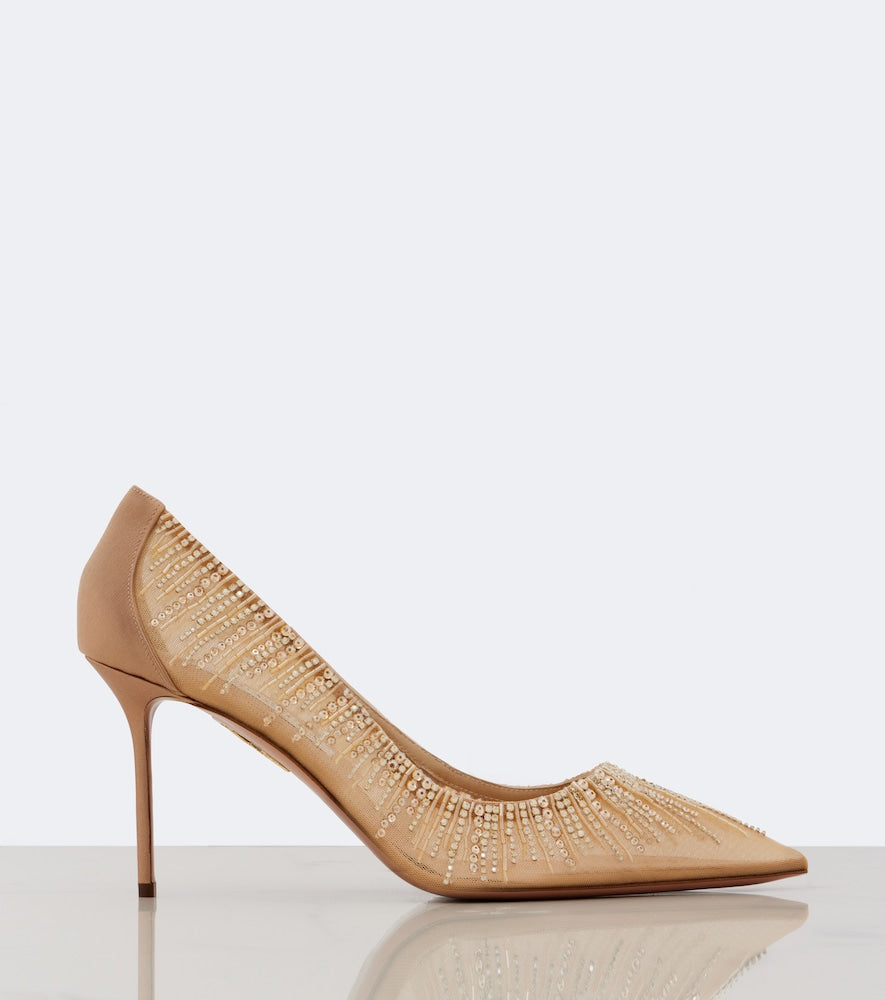 Aquazzura Soft Sky embellished tulle and satin pumps - Beige Mid Heel Pumps