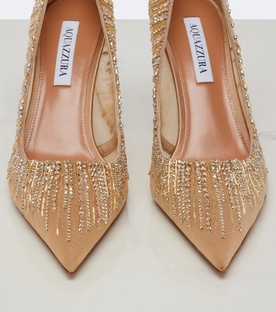 Aquazzura Soft Sky embellished tulle and satin pumps - Beige Mid Heel Pumps