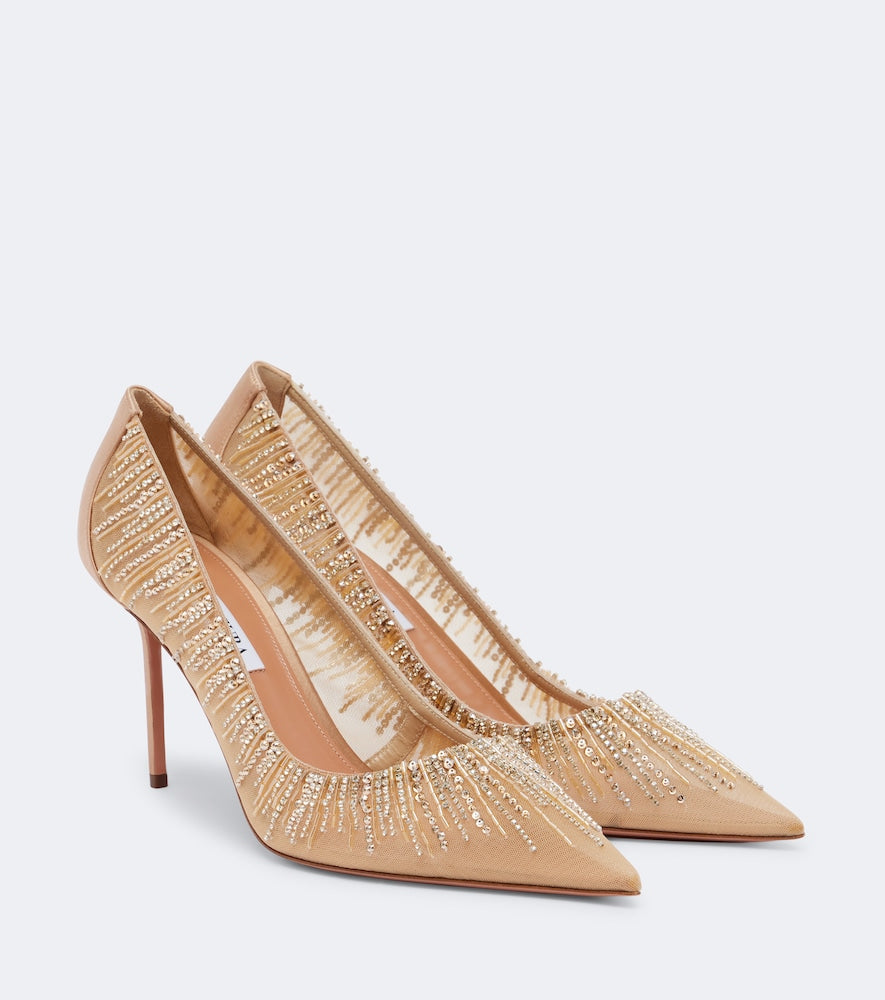 Aquazzura Soft Sky embellished tulle and satin pumps - Beige Mid Heel Pumps