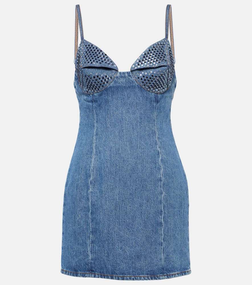 Area Crystal-embellished denim minidress. Area水晶装饰牛仔迷你连衣裙