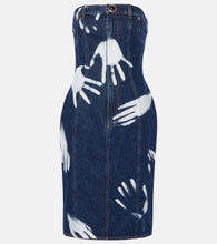 Area Printed strapless denim midi dress. Area印花无肩带牛仔中长连衣裙