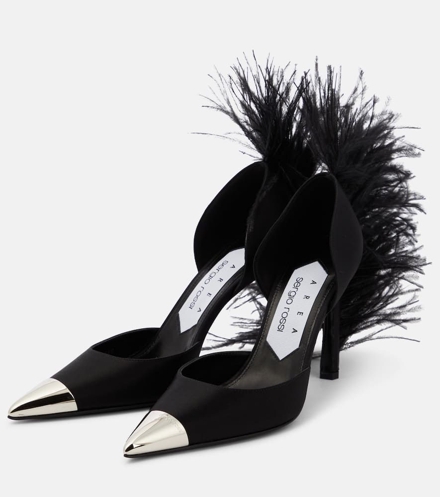 Area x Sergio Rossi Amazona feather-trimmed denim pumps