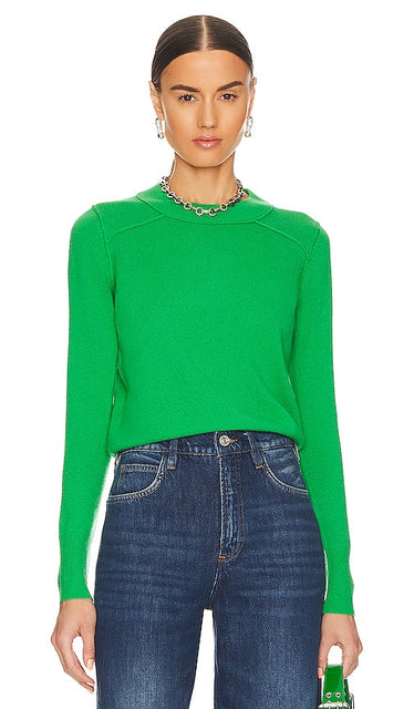 Autumn Cashmere Cropped Reversed Seams Crewneck in Green - Col ras du cou court en cachemire d'automne à coutures inversées en vert - 秋季反缝羊绒短款绿色圆领毛衣 - Herbstlicher, verkürzter Rundhalsausschnitt aus Kaschmir mit umgekehrten Nähten in Grün - 가을 캐시미어 크롭 리버스 솔기 그린 크루넥 - Girocollo corto con cuciture invertite in cashmere autunnale in verde