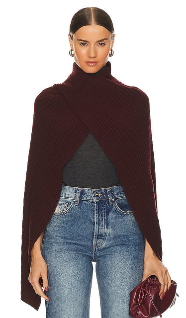 Autumn Cashmere Hybrid Rib Cape in Wine - Cape côtelée hybride en cachemire d'automne en vin - 秋季酒色羊绒混纺罗纹斗篷 - Herbstliches Kaschmir-Hybrid-Ripp-Cape in Weinrot - 가을 캐시미어 하이브리드 립 케이프 와인 - Mantella a coste ibrida in cashmere autunnale color vino