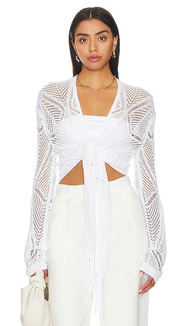 Autumn Cashmere Tie Front Cardigan in White - Cardigan d'automne en cachemire noué sur le devant en blanc - 秋季白色羊绒正面系带开衫 - Herbstlicher Kaschmir-Cardigan zum Binden vorne in Weiß - 가을 캐시미어 타이 프론트 가디건 화이트 색상 - Cardigan frontale con cravatta in cashmere autunnale in bianco