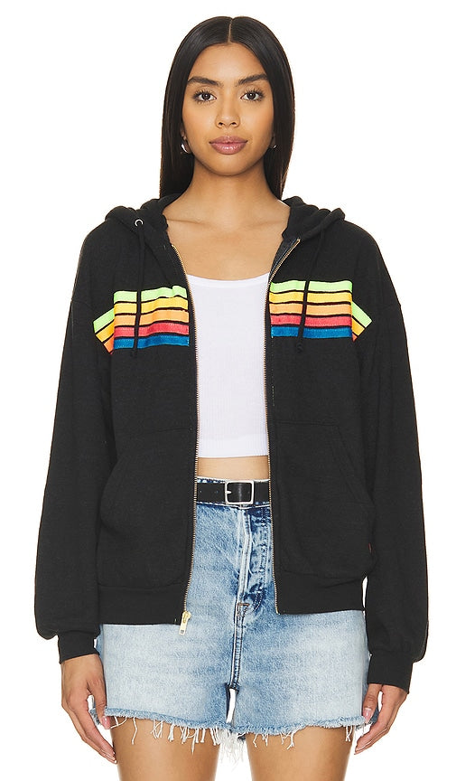 Aviator Nation 5 Stripe Zip Hoodie in Black - Aviator Nation - Sweat à capuche zippé à 5 bandes - Noir - Aviator Nation 5 黑色条纹拉链连帽衫 - Aviator Nation Kapuzenpullover mit 5 Streifen und Reißverschluss in Schwarz - Aviator Nation 5 스트라이프 지퍼 후디블랙 색상 - Felpa con cappuccio e zip Aviator Nation 5 strisce in nero
