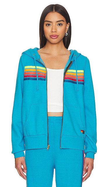 Aviator Nation 5 Stripe Zip Hoodie in Blue - Aviator Nation - Sweat à capuche zippé à 5 bandes - Bleu - Aviator Nation 5 蓝色条纹拉链连帽衫 - Aviator Nation Kapuzenpullover mit 5 Streifen und Reißverschluss in Blau - Aviator Nation 5 스트라이프 지퍼 후디블루 색상 - Felpa con cappuccio e zip Aviator Nation 5 Stripe in blu
