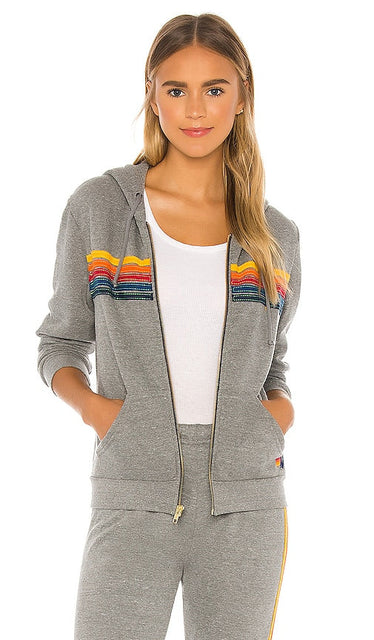 Aviator Nation 5 Stripe Zip Hoodie in Grey - Aviator Nation - Sweat à capuche zippé à 5 bandes - Gris - Aviator Nation 5 灰色条纹拉链连帽衫 - Aviator Nation Kapuzenpullover mit 5 Streifen und Reißverschluss in Grau - Aviator Nation 5 스트라이프 지퍼 후디그레이 색상 - Felpa con cappuccio e zip Aviator Nation 5 Stripe in grigio