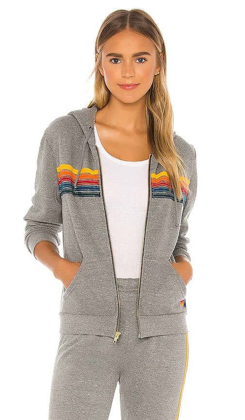 Aviator Nation 5 Stripe Zip Hoodie in Grey - Aviator Nation - Sweat à capuche zippé à 5 bandes - Gris - Aviator Nation 5 灰色条纹拉链连帽衫 - Aviator Nation Kapuzenpullover mit 5 Streifen und Reißverschluss in Grau - Aviator Nation 5 스트라이프 지퍼 후디그레이 색상 - Felpa con cappuccio e zip Aviator Nation 5 Stripe in grigio