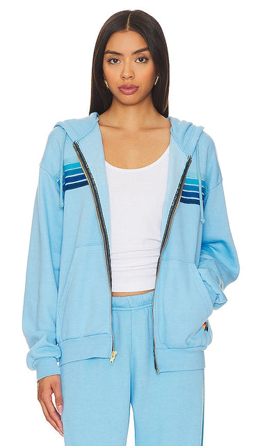 Aviator Nation 5 Stripe Zip Relaxed Hoodie in Blue - Aviator Nation - Sweat à capuche décontracté zippé à 5 bandes - Bleu - Aviator Nation 5 蓝色条纹拉链休闲连帽衫 - Aviator Nation 5 Stripe Zip Relaxed Hoodie in Blau - Aviator Nation 5 스트라이프 지퍼 릴랙스 후디 (블루 색상) - Felpa con cappuccio rilassata con zip Aviator Nation 5 Stripe in blu