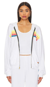 Aviator Nation 5 Stripe Zip Relaxed Hoodie in White - Aviator Nation - Sweat à capuche décontracté zippé à 5 bandes - Blanc - Aviator Nation 5 白色条纹拉链休闲连帽衫 - Aviator Nation 5 Stripe Zip Relaxed Hoodie in Weiß - Aviator Nation 5 스트라이프 지퍼 릴렉스 후디 화이트 색상 - Felpa con cappuccio rilassata con zip Aviator Nation 5 Stripe in bianco