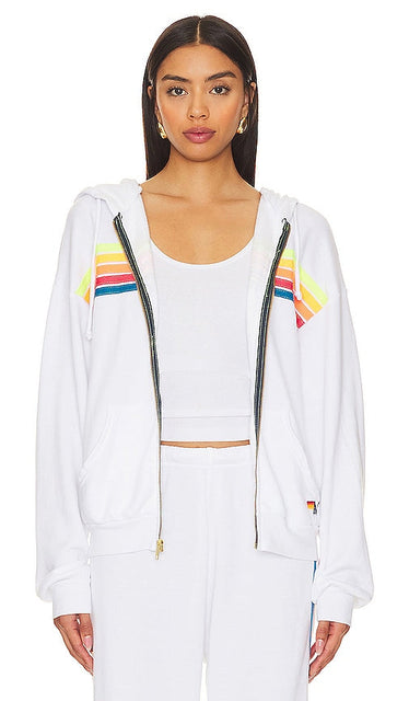 Aviator Nation 5 Stripe Zip Relaxed Hoodie in White - Aviator Nation - Sweat à capuche décontracté zippé à 5 bandes - Blanc - Aviator Nation 5 白色条纹拉链休闲连帽衫 - Aviator Nation 5 Stripe Zip Relaxed Hoodie in Weiß - Aviator Nation 5 스트라이프 지퍼 릴렉스 후디 화이트 색상 - Felpa con cappuccio rilassata con zip Aviator Nation 5 Stripe in bianco
