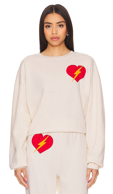 Aviator Nation Bolt Heart Crew Neck Sweatshirt in Cream - Aviator Nation - Sweat ras du cou Bolt Heart en crème - 奶油色 Aviator Nation Bolt 心形圆领运动衫 - Aviator Nation Bolt Heart Rundhals-Sweatshirt in Creme - Aviator Nation 볼트 하트 크루넥 스웨트셔츠 색상 - Felpa girocollo Aviator Nation Bolt Heart color crema
