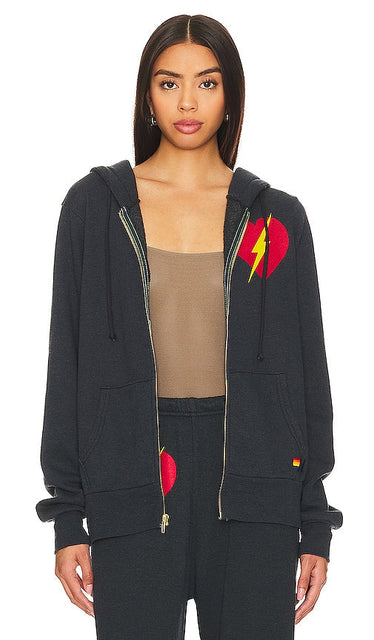 Aviator Nation Bolt Heart Zip Hoodie in Charcoal - Aviator Nation - Bolt Heart - Sweat à capuche zippé - Charbon de bois - 木炭色 Aviator Nation Bolt Heart 拉链连帽衫 - Aviator Nation Bolt Heart Kapuzenpullover mit Reißverschluss in Anthrazit - Aviator Nation 볼트 하트 지퍼 후디 차콜 색상 - Felpa con cappuccio e zip Aviator Nation Bolt Heart in antracite