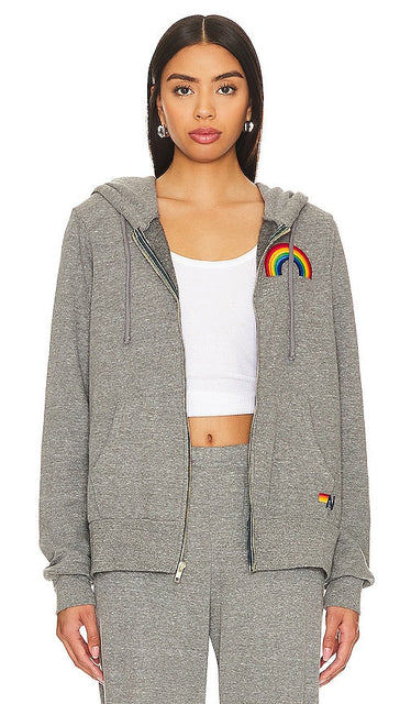 Aviator Nation Rainbow Embroidery Zip Hoodie in Grey - Aviator Nation - Sweat à capuche zippé avec broderie arc-en-ciel - Gris - Aviator Nation 灰色彩虹刺绣拉链连帽衫 - Aviator Nation Kapuzenpullover mit Regenbogen-Stickerei und Reißverschluss in Grau - Aviator Nation 레인보우 자수 지퍼 후디그레이 색상 - Felpa con cappuccio e zip Aviator Nation con ricamo arcobaleno in grigio