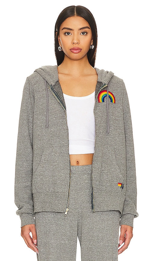 Aviator Nation Rainbow Embroidery Zip Hoodie in Grey - Aviator Nation - Sweat à capuche zippé avec broderie arc-en-ciel - Gris - Aviator Nation 灰色彩虹刺绣拉链连帽衫 - Aviator Nation Kapuzenpullover mit Regenbogen-Stickerei und Reißverschluss in Grau - Aviator Nation 레인보우 자수 지퍼 후디그레이 색상 - Felpa con cappuccio e zip Aviator Nation con ricamo arcobaleno in grigio