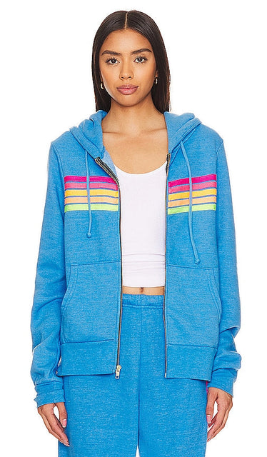 Aviator Nation X Revolve 5 Stripe Hoodie in Blue - Aviator Nation X Revolve - Sweat à capuche à 5 bandes - Bleu - Aviator Nation X Revolve 5 蓝色条纹连帽衫 - Aviator Nation X Revolve 5-Streifen-Hoodie in Blau - Aviator Nation X Revolve 5 스트라이프 후디 블루 색상 - Felpa con cappuccio Aviator Nation X Revolve 5 Stripe in blu