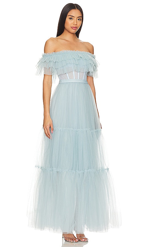 BCBGMAXAZRIA Off Shoulder Tiered Gown in Baby Blue