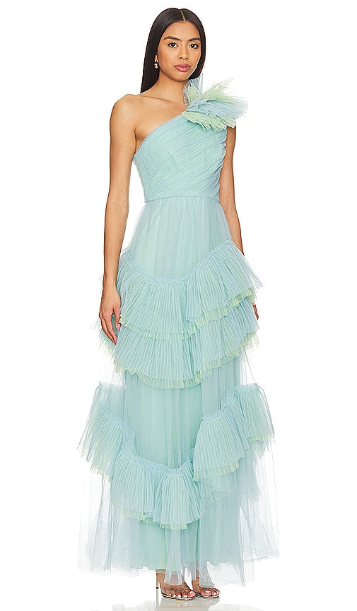 BCBGMAXAZRIA One Shoulder Tulle Gown in Baby Blue