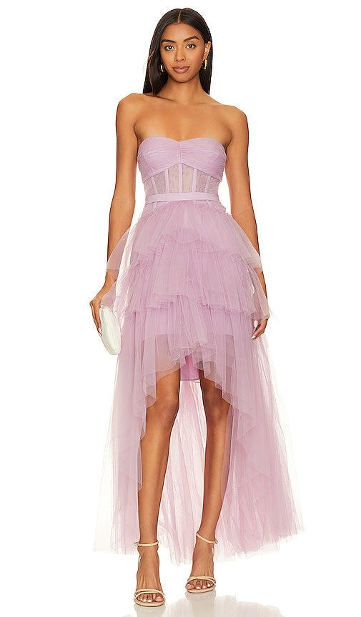 BCBGMAXAZRIA Ruffled High Low Gown in Purple - BCBGMAXAZRIA Robe haute basse à volants en violet - BCBGMAXAZRIA 紫色荷叶边高低礼服 - BCBGMAXAZRIA Rüschen-High-Low-Kleid in Lila - BCBGMAXAZRIA 러플 하이 로우 가운, 퍼플 색상 - BCBGMAXAZRIA Abito alto basso con volant in viola