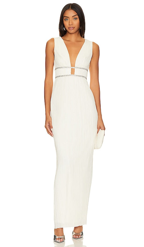 BCBGMAXAZRIA V Neck Pleated Gown in Ivory - BCBGMAXAZRIA Robe plissée à col en V en ivoire - BCBGMAXAZRIA 象牙色 V 领褶裥礼服 - BCBGMAXAZRIA Faltenkleid mit V-Ausschnitt in Elfenbein - BCBGMAXAZRIA 브이넥 플리츠 가운 - BCBGMAXAZRIA Abito plissettato con scollo a V in avorio