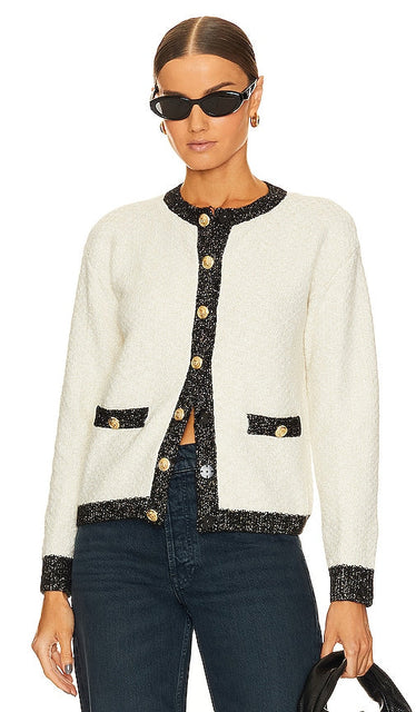 BCBGeneration Contrast Knit Cardigan in Cream - Cardigan en tricot contrasté BCBGeneration en crème - BCBGeneration 奶油色撞色针织开衫 - BCBGeneration Kontraststrick-Cardigan in Creme - BCBGeneration 콘트라스트 니트 가디건 - Cardigan in maglia a contrasto BCBGeneration in crema