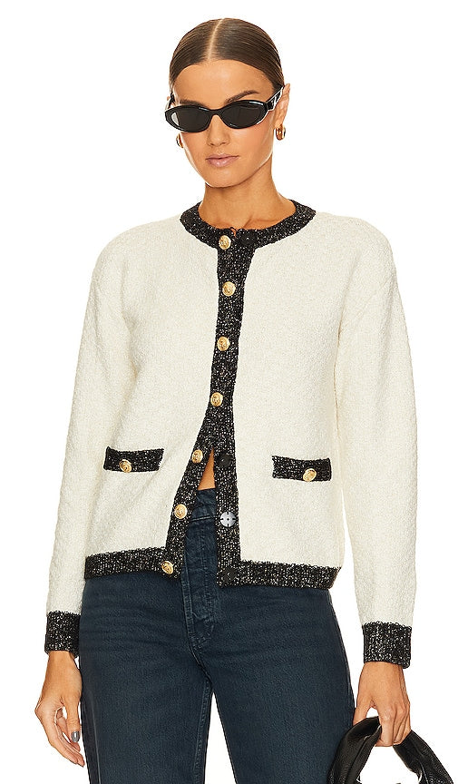 BCBGeneration Contrast Knit Cardigan in Cream - Cardigan en tricot contrasté BCBGeneration en crème - BCBGeneration 奶油色撞色针织开衫 - BCBGeneration Kontraststrick-Cardigan in Creme - BCBGeneration 콘트라스트 니트 가디건 - Cardigan in maglia a contrasto BCBGeneration in crema