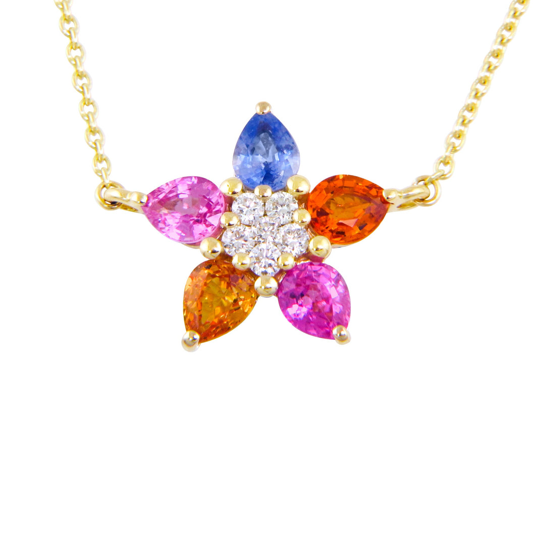 BELLARRI Princessa Rainbow Sapphire and 1/6ctw Diamond Flower Yellow Gold Necklace