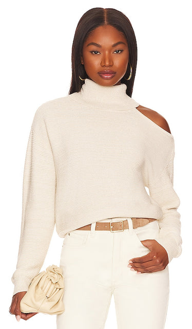 BCBGeneration Mock Neck Cutout Sweater in Ivory - BCBGeneration - Pull découpé à col montant en ivoire - BCBGeneration 象牙色小高领镂空毛衣 - BCBGeneration Pullover mit Stehkragen und Ausschnitten in Elfenbein - BCBGeneration 모크 넥 컷아웃 스웨터아이보리 색상 - Maglione ritagliato a collo finto BCBGeneration in avorio