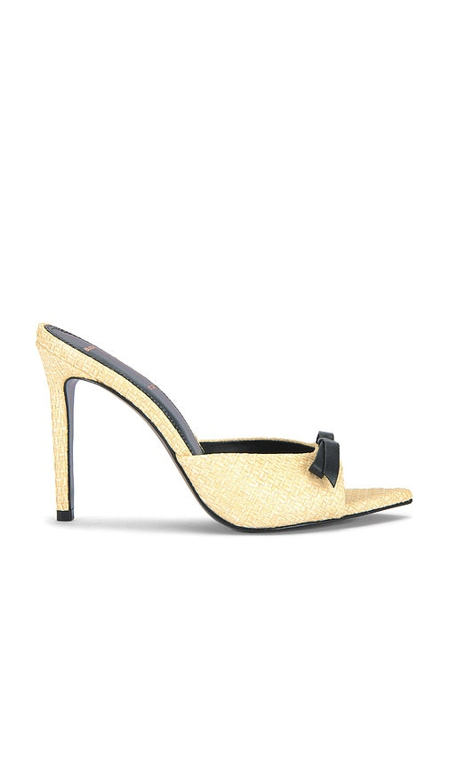 BLACK SUEDE STUDIO Brea Bow Mule in Neutral | Raffia Open Toe Mules for Women