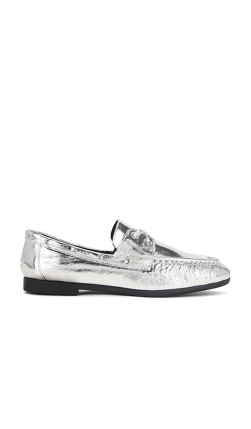 BLACK SUEDE STUDIO Davy Boat Shoe in Metallic Silver | Silver Crinkle Leather Loafers & Oxfords Flats for Women