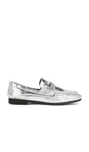 BLACK SUEDE STUDIO Davy Boat Shoe in Metallic Silver | Silver Crinkle Leather Loafers & Oxfords Flats for Women