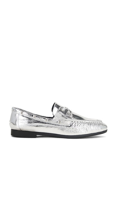 BLACK SUEDE STUDIO Davy Boat Shoe in Metallic Silver | Silver Crinkle Leather Loafers & Oxfords Flats for Women