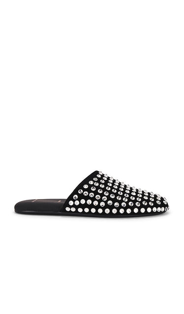BLACK SUEDE STUDIO Shiloh Flat in Black | Black Flat Slides for Women