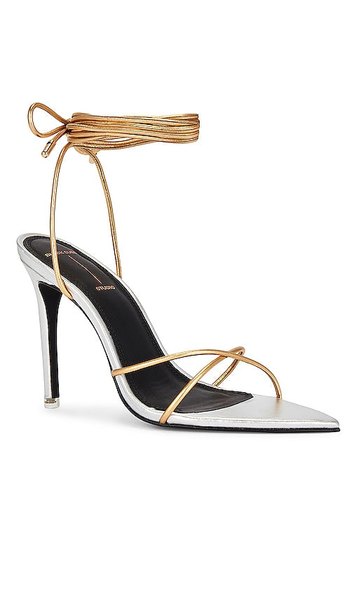 BLACK SUEDE STUDIO Talia Heel Sandal in Metallic Silver