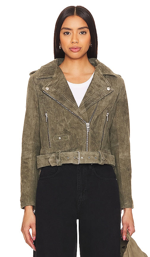 BLANKNYC Faux Suede Moto Jacket in Army