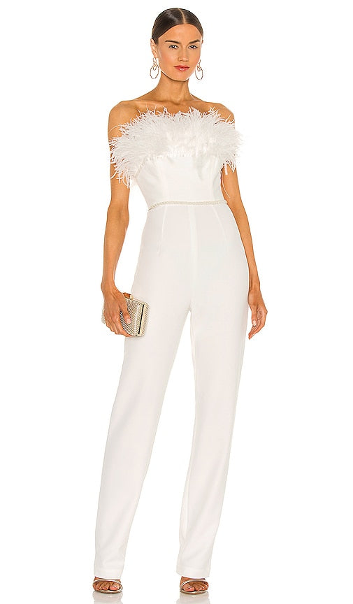 Bronx and Banco Lola Blanc Feather Jumpsuit in White - Bronx and Banco - Combinaison à plumes Lola Blanc en blanc - Bronx and Banco Lola Blanc 白色羽毛连身裤 - Bronx und Banco Lola Blanc Federoverall in Weiß - Bronx and Banco Lola Blanc 페더 점프수트 화이트 색상 - Tuta in piume Bronx e Banco Lola Blanc in bianco