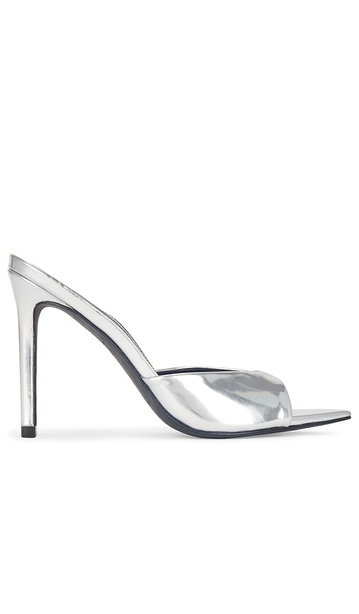 BLACK SUEDE STUDIO Brea Mule in Metallic Silver | Silver Mirror Metallic Open Toe Heels for Women