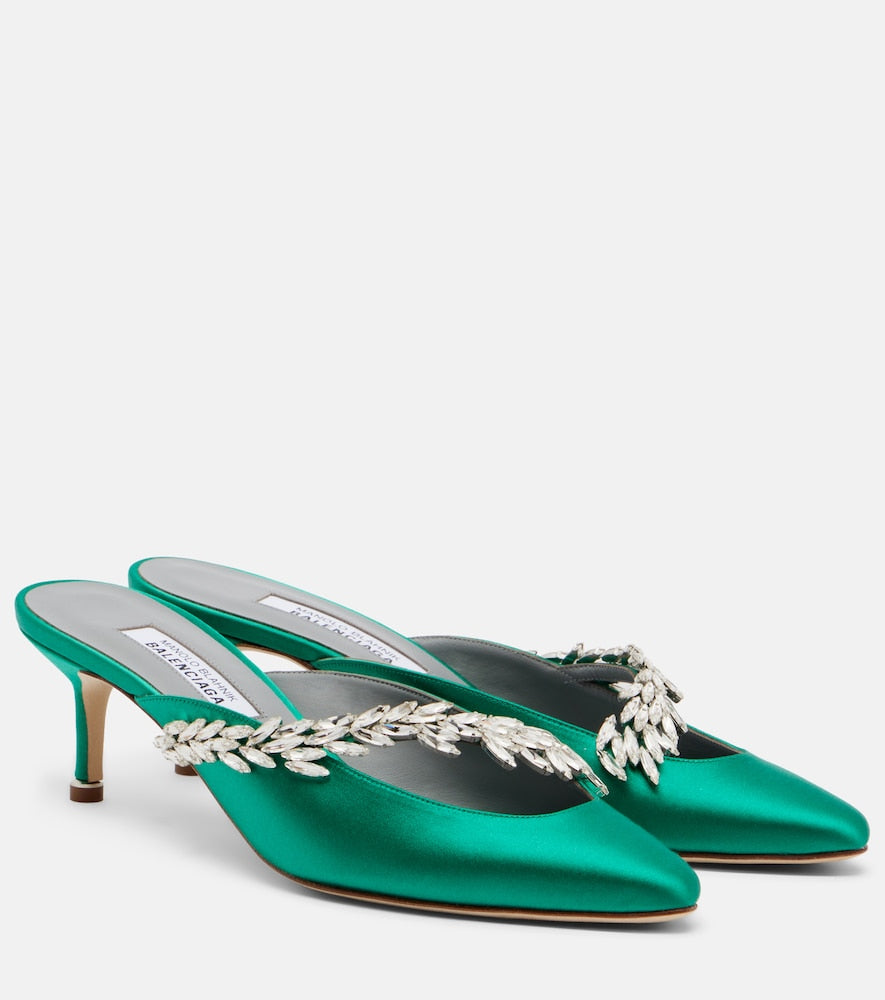 Balenciaga x Manolo Blahnik embellished satin mules (Green) - Mid Heel Pumps
