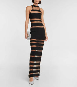 Balmain Halterneck mesh-paneled gown