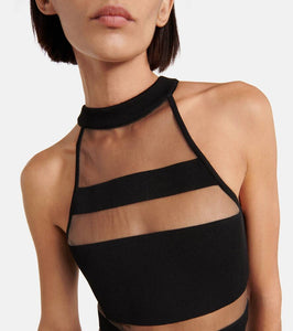 Balmain Halterneck mesh-paneled gown
