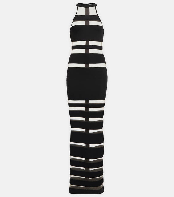 Balmain Halterneck mesh-paneled gown
