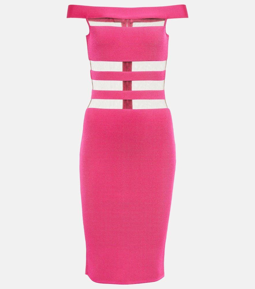 Balmain Off-shoulder mesh-paneled minidress. Balmain 露肩网纱拼接迷你连衣裙