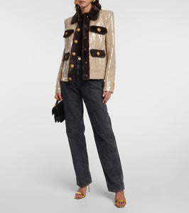 Balmain Sequined faux fur-trimmed jacket