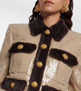 Balmain Sequined faux fur-trimmed jacket