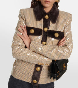 Balmain Sequined faux fur-trimmed jacket