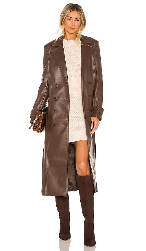 Bardot Faux Leather Trench Coat in Chocolate