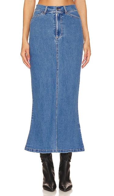 Bardot Larence Denim Maxi Skirt in Blue - Bardot - Jupe longue en jean Larence en bleu - Bardot Larence 蓝色牛仔长裙 - Bardot Larence Jeans-Maxirock in Blau - Bardot Larence 데님 맥시 스커트블루 색상 - Gonna lunga in denim Bardot Larence in blu